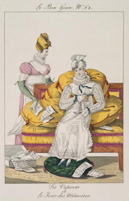 The Vapours or The Accounts Day, plate 62 from 'Le Bon Genre', 1813 (coloured engraving) von French School, (19th century)