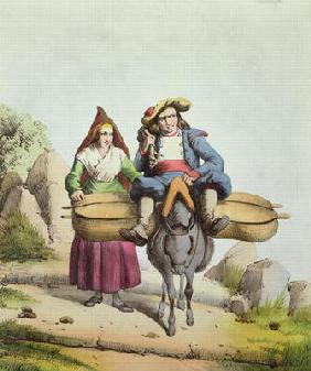 Cheese sellers from the Tarbes region, c.1840 (colour engraving) 19th