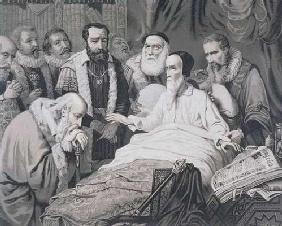 John Calvin (1509-1564) on his Death Bed (engraving) 20th