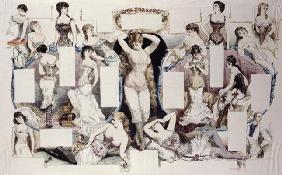 Layout illustrations for an article on women's underwear, from 'La Vie Parisienne', c.1870 (coloured 1887