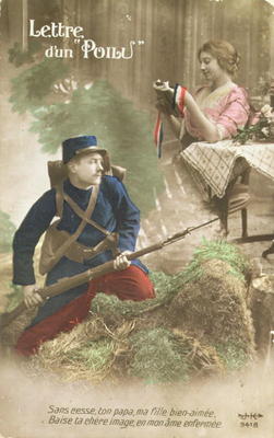 Postcard depicting a letter from a Poilu, 1914-18 (coloured photo) von French School, (20th century)