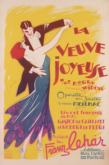 Poster advertising a production of the 'Merry Widow', by Franz Lehar , printed by Dola, Paris von French School, (20th century)