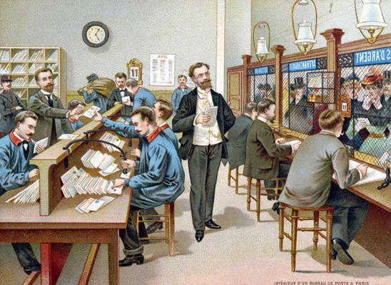 Sorting the Post in a Parisian Post Office, illustration from a Post Office calendar, 1904 (colour l von French School, (20th century)