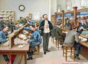 Sorting the Post in a Parisian Post Office, illustration from a Post Office calendar, 1904 (colour l 19th