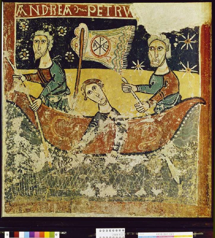 Die hll. Petrus und Andreas in der Barke Fresko aus S. Clemente de Takull von Fresko (romanisch)