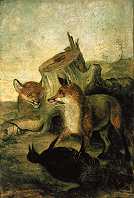 Wandbild im Gelben Haus im Forstenrieder Park bei München: Füchse mit Jagdbeute von Friedrich Anton Wyttenbach