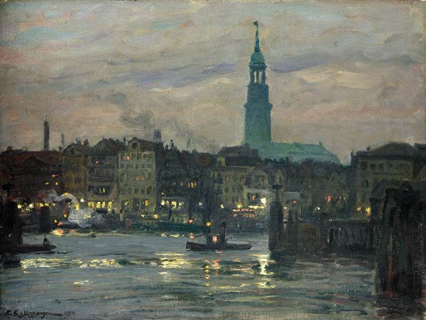 Die Lichter werden entzündet - Hamburger Hafen mit St. Michaelis von Friedrich Kallmorgen