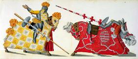 Two knights at a tournament, plate from 'A History of the Development and Customs of Chivalry', by D 19th