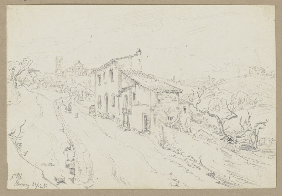An einem Haus vorbeiführende Landstraße, im Hintergrund San Miniato al Monte in Florenz von Friedrich Metz