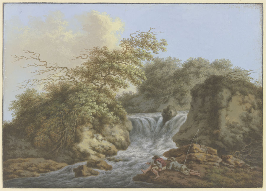 Wasserfall zwischen zwei Felsen, am Ufer rechts zwei Angler von Friedrich Rauscher