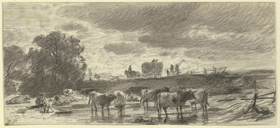 Landschaft in Gewitterstimmung mit einer Viehherde im Vordergrund und einem Erntewagen am Horizont von Friedrich Voltz