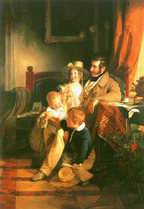 Rudolf von Arthaber mit seinen Kindern Rudolf, Emilie und Gustav, das Bildnis der gestorbenen Mutter 1837