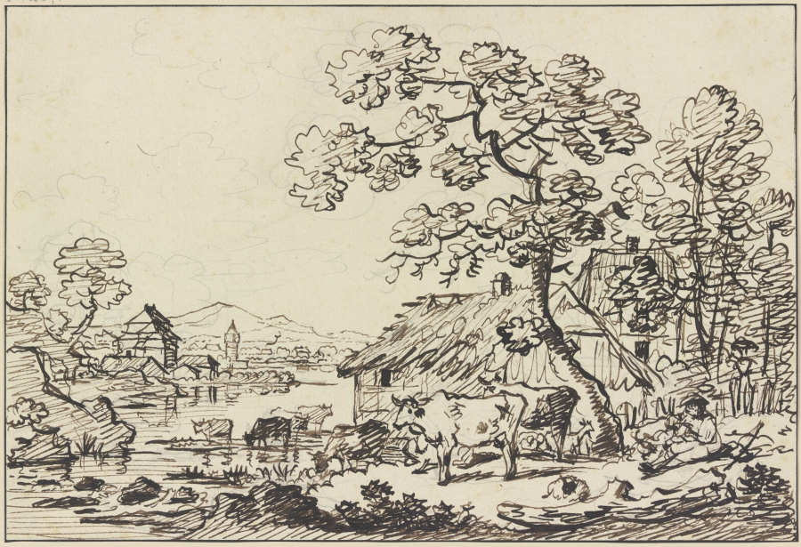 Gehöft an einem Fluß, im Vordergrund eine Viehherde von Friedrich Wilhelm Hirt