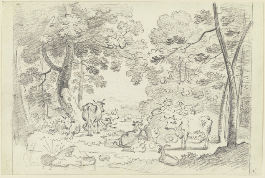 Herde von Kühen und Schafen im Wald von Friedrich Wilhelm Hirt