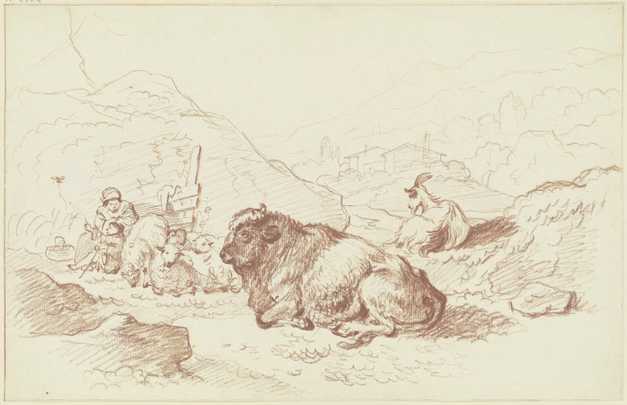 Hirtin mit Kind bei einem liegenden Ochsen von Friedrich Wilhelm Hirt