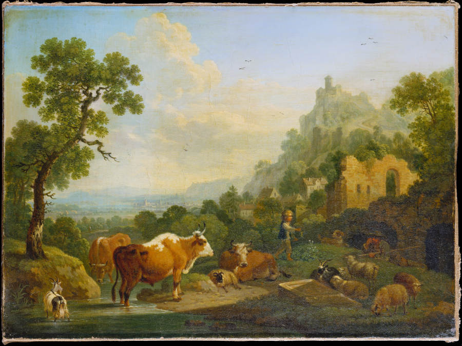 Landschaft mit Herde an einem Bach von Friedrich Wilhelm Hirt
