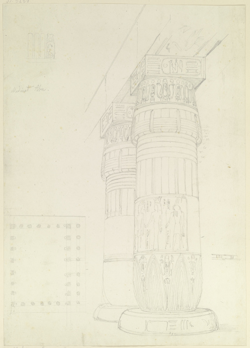 Ägyptische Säulen mit Architrav, daneben Grundriss eines Säulenhofes von Friedrich Maximilian Hessemer