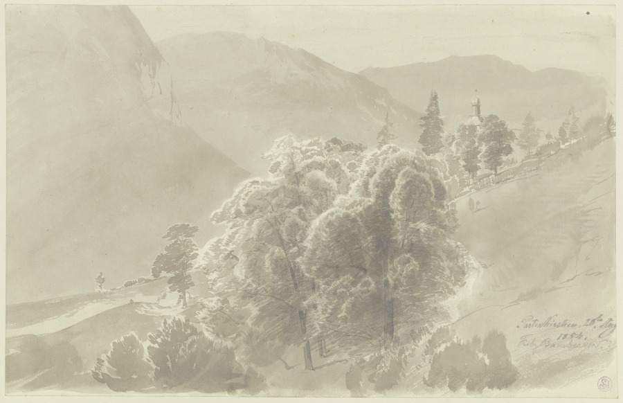 Gebirgslandschaft, im Vordergrund Baumgruppe, aus der ein Kirchturm hervorsieht von Fritz Bamberger