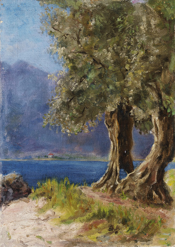 Olivenbaumgruppe an einem italienischen See von Fritz Hauck