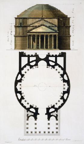 Ground plan and facade of the Pantheon, Rome, from 'Le Costume Ancien et Moderne' by Jules Ferrario, 1754