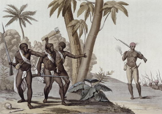 Freed slaves hunting down escaped slaves in Surinam, Guiana, illustration from 'Le Costume Ancien et von G. Bramati