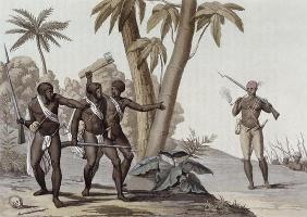 Freed slaves hunting down escaped slaves in Surinam, Guiana, illustration from 'Le Costume Ancien et 19th