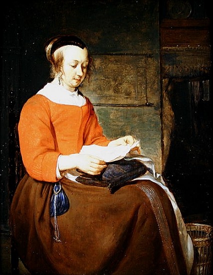 A young woman seated in an interior, reading a letter von Gabriel Metsu