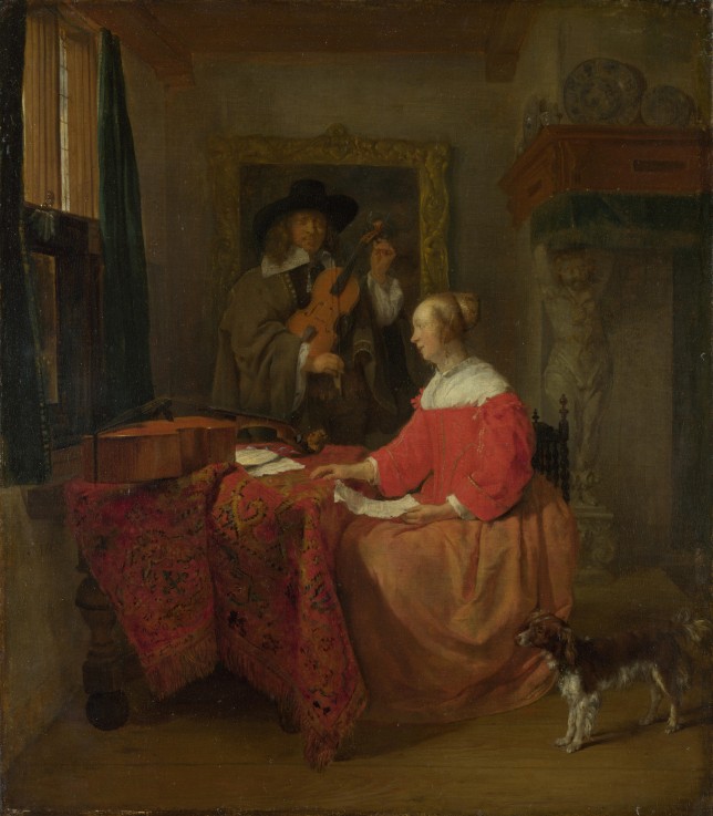 Eine Frau am Tisch und ein Mann, die Violine stimmend von Gabriel Metsu