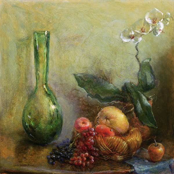 Orchid with Basket of Fruit and Green Vase (oil on canvas)  von Gail  Schulman