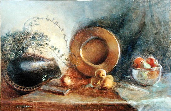 Brass Plate with Fruit and Black Wooden Bowl (oil on canvas)  von Gail  Schulman