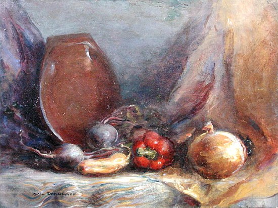 Onion and Peppers (oil on canvas)  von Gail  Schulman