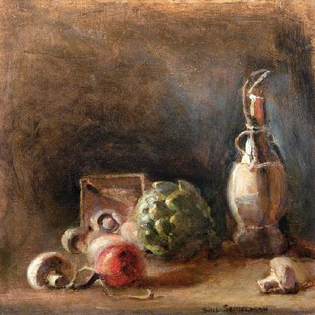 Wine Jug with Artichoke and Mushrooms (oil on canvas) 