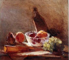 Glass Bowl with Fruit and a Cheese Board (oil on canvas) 