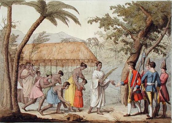 Captain Samuel Wallis (1728-1830) being received by Queen Oberea on the Island of Tahiti (colour lit von Gallo Gallina