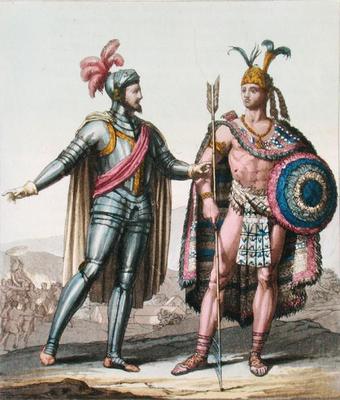 The Encounter between Hernan Cortes (1485-1547) and Montezuma II (1466-1520) from 'Le Costume Ancien von Gallo Gallina