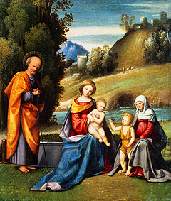 Die hl. Familie mit Elisabeth und dem Johannesknaben an einem Fluss-Ufer von Garofalo