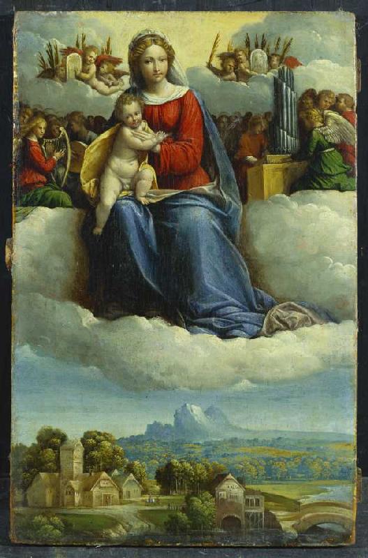 Madonna mit Kind umgeben von musizierenden Engeln über einer Waldlandschaft. von Garofalo