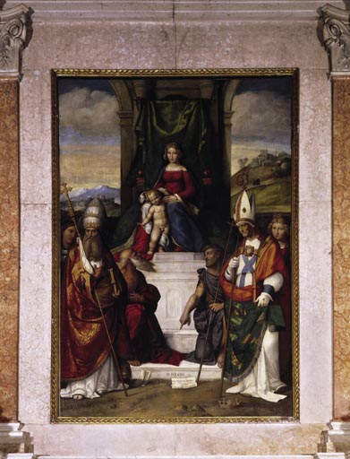 Thronende Maria mit Kind, dem Heiligen Silvester und fuenf weiteren Heiligen von Garofalo