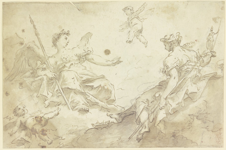 Zwei allegorische Frauenfiguren mit Putten auf Wolken (Virtù und Nobilità) von Gaspare Diziani