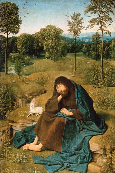 Johannes der Täufer in einer Landschaft sitzend. von Geertgen tot Sint Jans