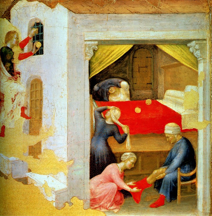 Heiliger Nikolaus von Bari wirft der goldene Kugeln in das Zimmer der dreier armer Mädchen (aus dem  von Gentile da Fabriano