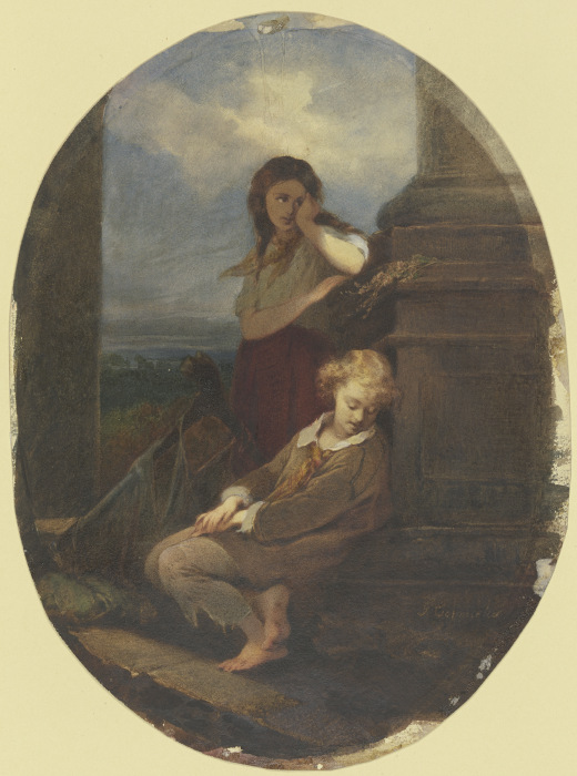 Zwei sitzende Kinder mit Harfe von Georg Cornicelius