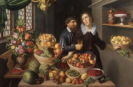 Man and Woman Before a Table Laid with Fruits and Vegetables von Georg Flegel