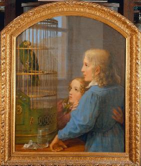 Zwei Kinder vor einem Papageienbauer 1835