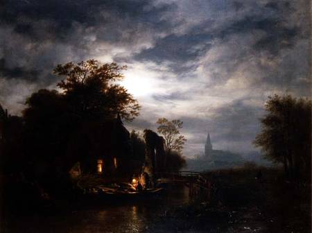 Moonlit river scene with figures unloading a boat von Georg Gillis van Haanen