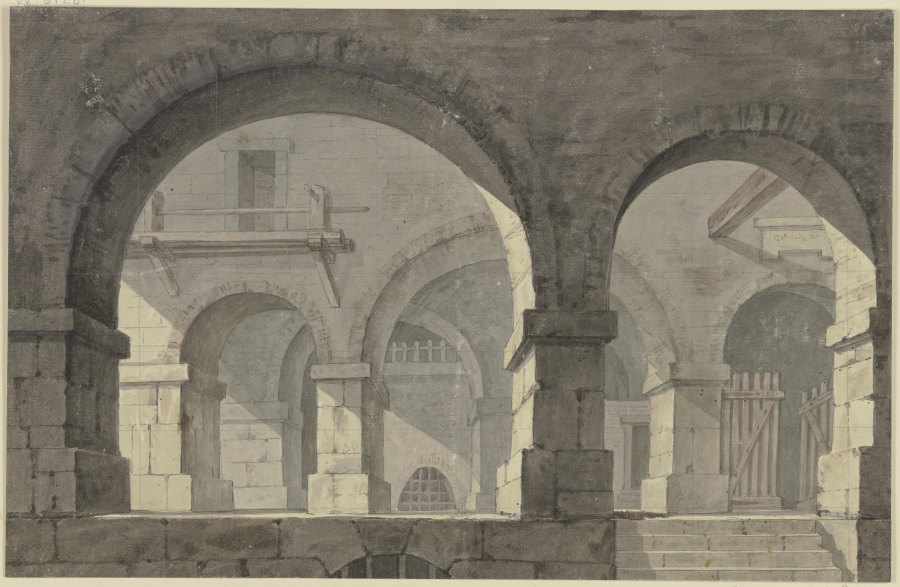 Blick in ein Gebäude mit mächtigen Bogen und vergitterten Fenstern von Georg Melchior Kraus