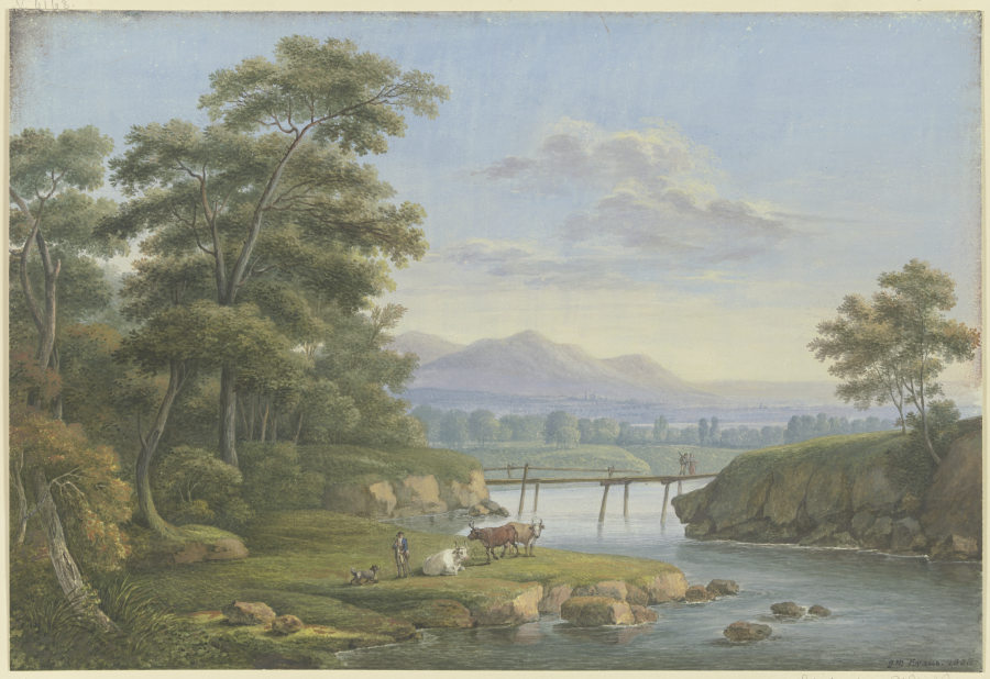 Flußtal mit felsigem Ufer, im Hintergrund Gebirge von Georg Melchior Kraus