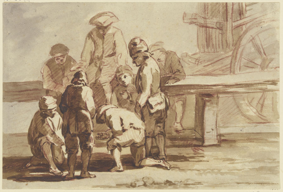 Gruppe von acht Knaben beim Spiel, stehend, kniend und auf einer Balustrade sitzend von Georg Melchior Kraus