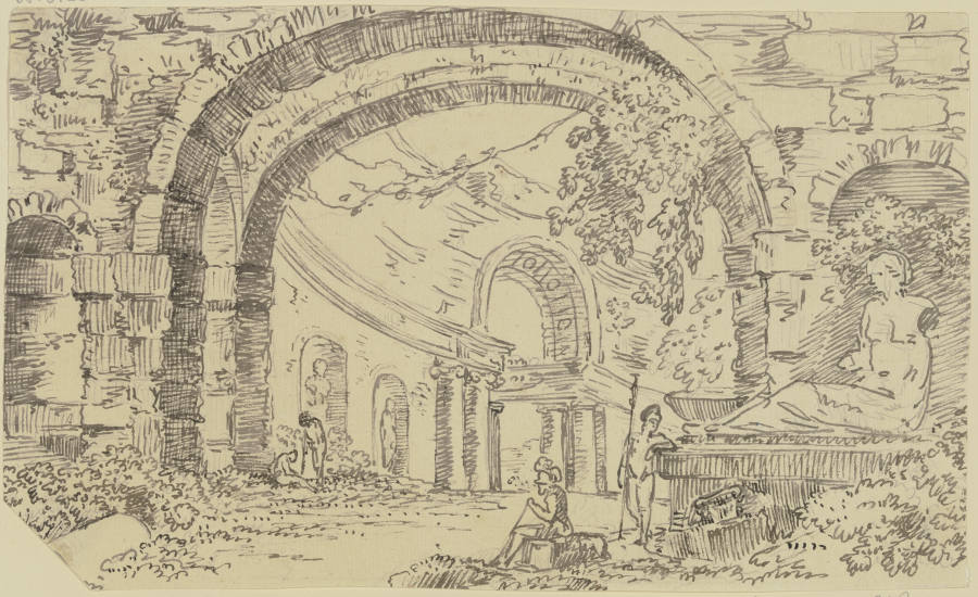 Römische Ruinen mit Bogen und Nischen, im Vordergrund zwei Krieger, rechts ein Monument mit einer si von Georg Melchior Kraus