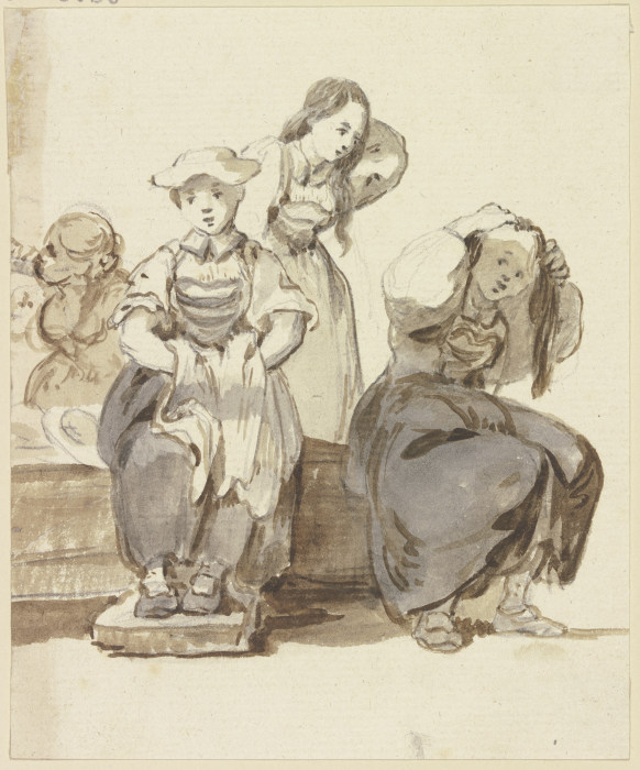 Vier junge Mädchen bei einem Brunnen, zwei von ihnen ordnen sich die Haare von Georg Melchior Kraus
